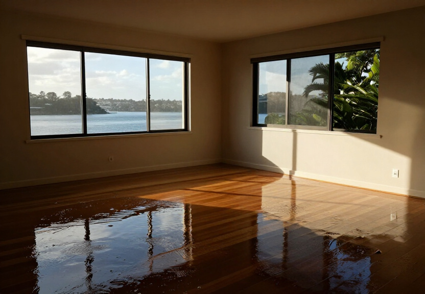 Flood-damaged living room in Grose Vale before restoration